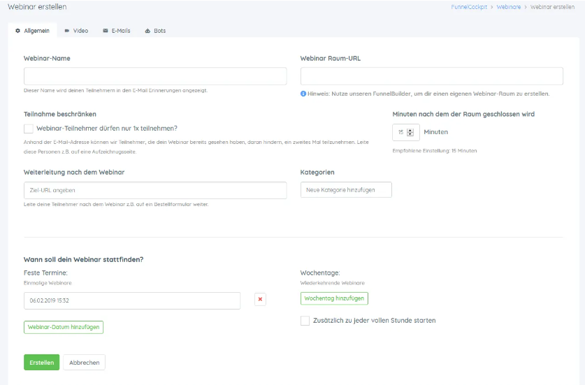 Webinare erstellen mit Funnelcockpit