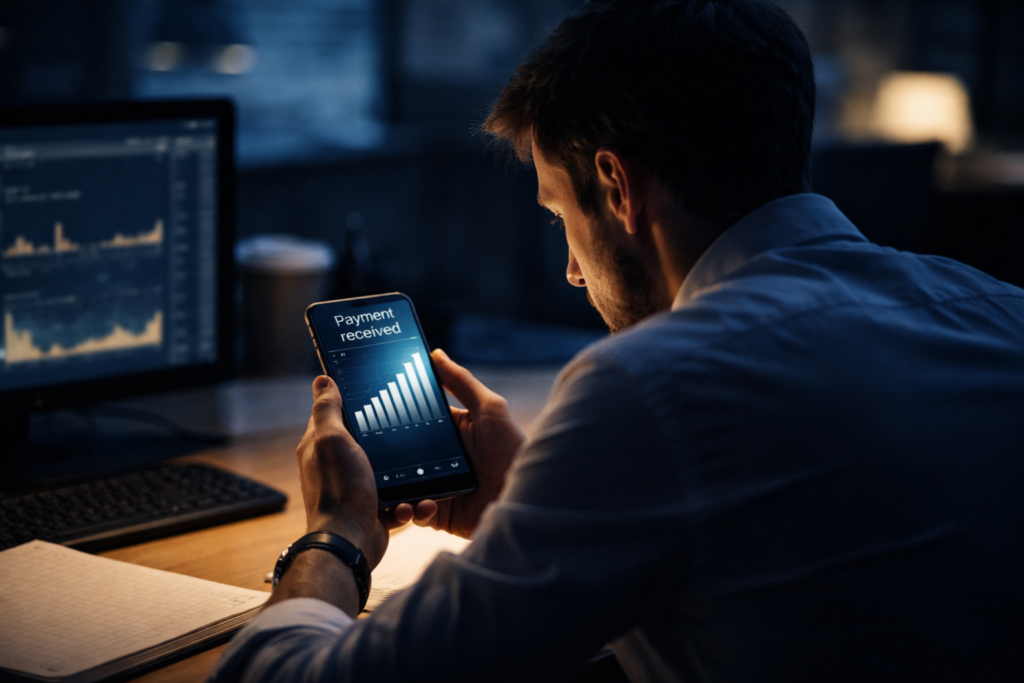 Unzufriedener Angestellter im Büro blickt auf Smartphone mit Einnahmen-Grafik: Thema Passives Einkommen aufbauen.