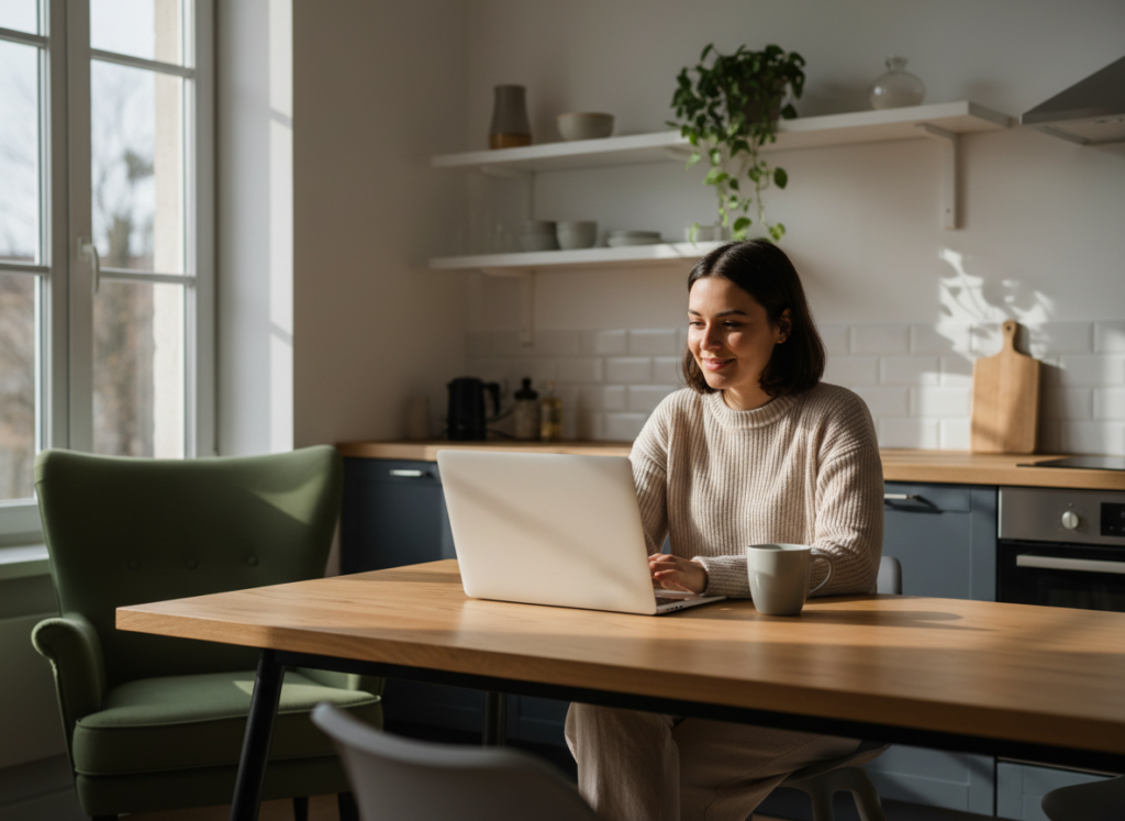 Junger Mensch arbeitet entspannt im Homeoffice am Laptop und genießt die Freiheit durch High Ticket Affiliate Marketing