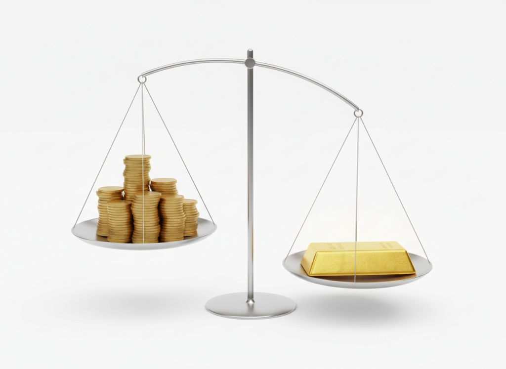Vergleich zwischen kleinen Provisionen und hohen Einnahmen beim High Ticket Affiliate Marketing, dargestellt durch Waagschalen mit Goldbarren