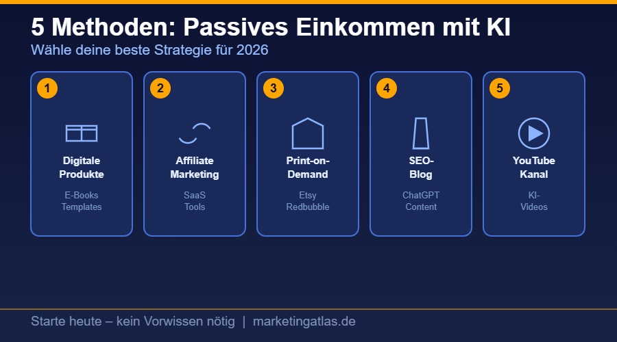 5 Methoden fuer passives Einkommen mit KI aufbauen 2026: Digitale Produkte, Affiliate, Print-on-Demand, Blog, YouTube