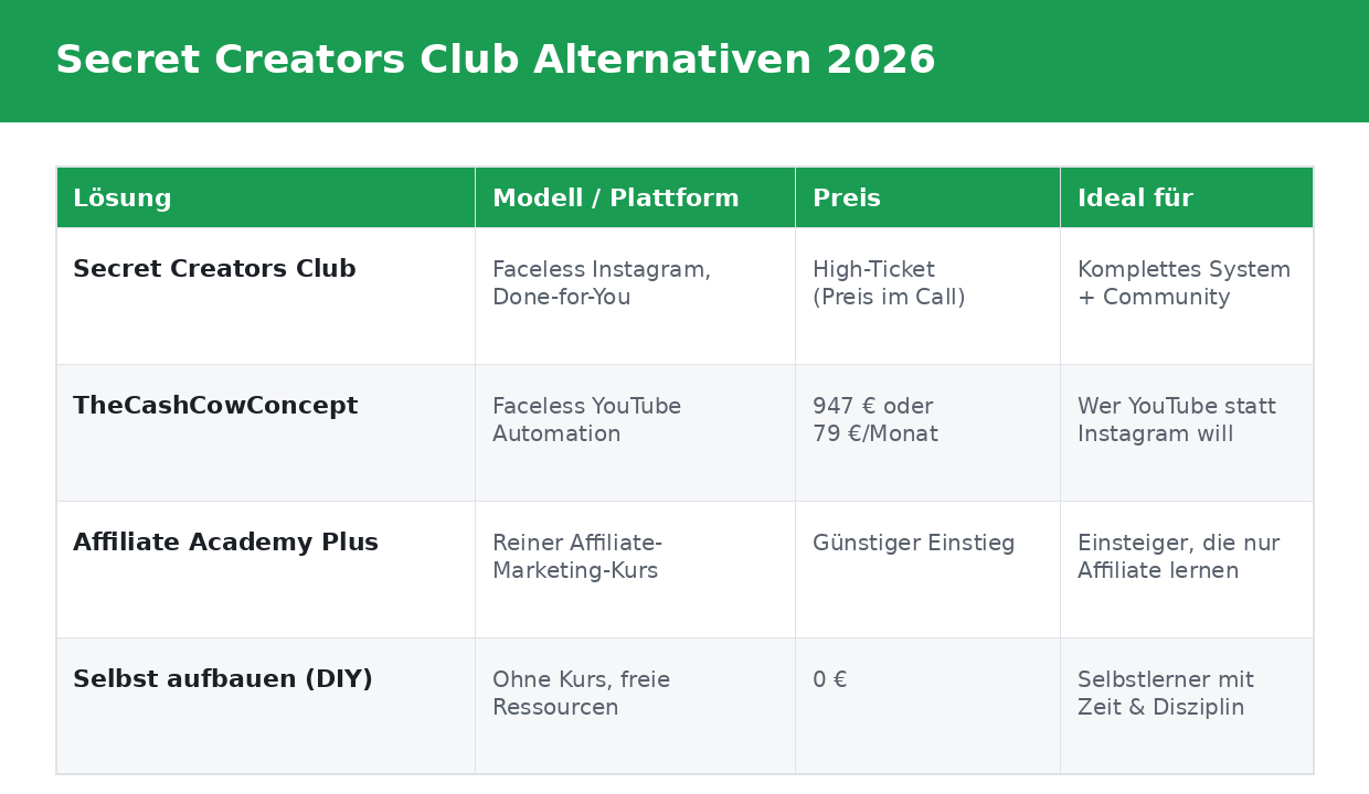 Secret Creators Club Alternativen 2026 im Vergleich: TheCashCowConcept, Affiliate Academy Plus und die kostenlose DIY-Option